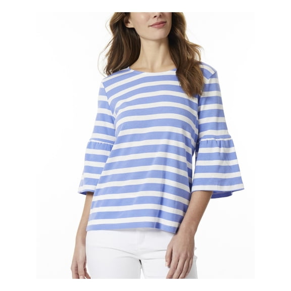 Womens Stripe Cotton Crew Neck Elbow Bell Sleeve Top Amparo Blue And Nyc White L