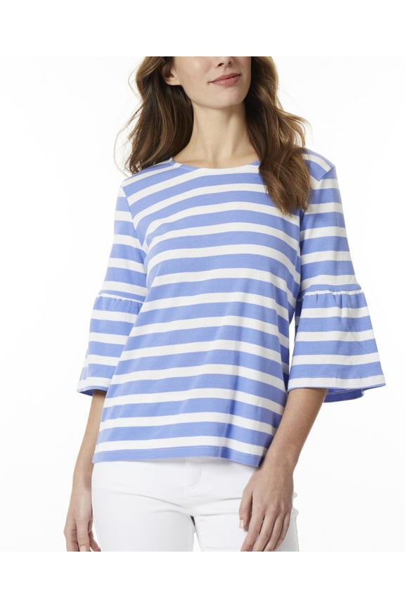 Womens Stripe Cotton Crew Neck Elbow Bell Sleeve Top Amparo Blue And Nyc White L