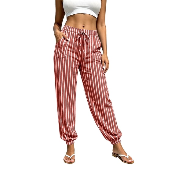 Womens Stripe Jogger Pants Comfy Long Lounge Bottom, Drawstring Elastic Waist Pants with Pockets Red M(M)