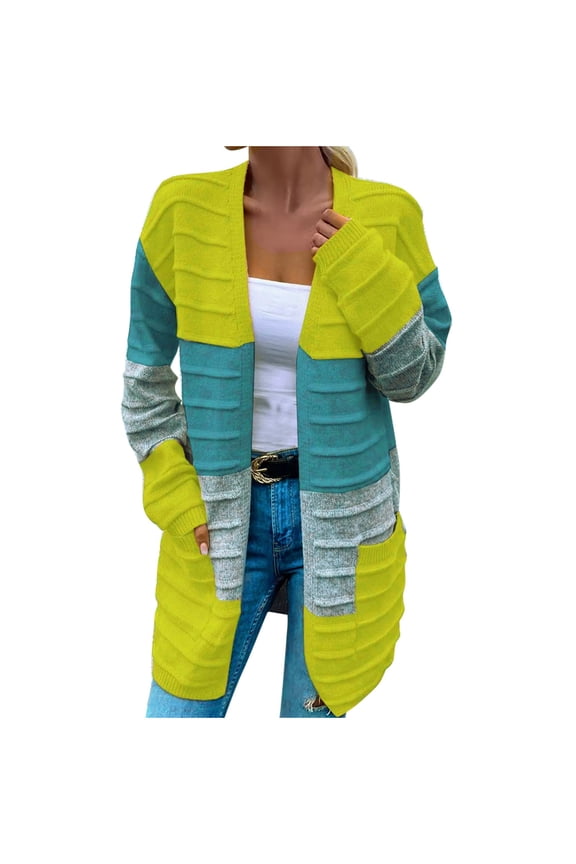 Womens Stripe Mid-Long Cardigan Oversized Long Sleeve Open Front Sweaters Casual Loose Knit Coats with Pockets (Green XXL)
