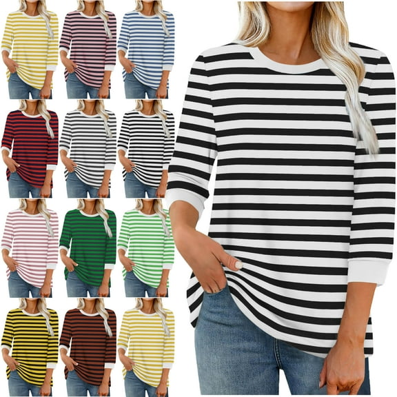 Womens Stripe Print Color 3/4 Sleeve Round Neck Pullover Fashion Blouses Top Casual Crew Neck Loose Shirt Tops Blouses for Women