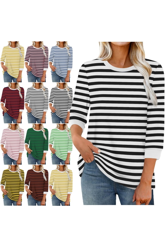 Womens Stripe Print Color 3/4 Sleeve Round Neck Pullover Fashion Blouses Top Casual Crew Neck Loose Shirt Tops Blouses for Women