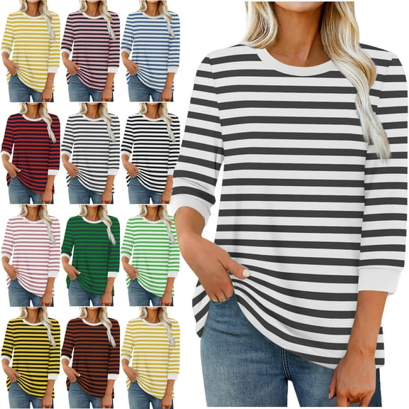 Womens Stripe Print Color 3/4 Sleeve Round Neck Pullover Fashion Blouses Top Casual Crew Neck Loose Shirt Tops Blouses for Women