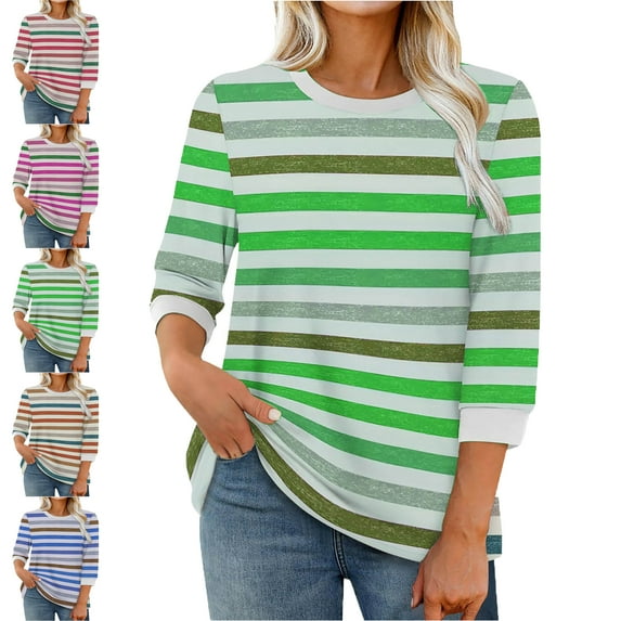Womens Stripe Print Color 3/4 Sleeve Round Neck Pullover Fashion Blouses Top Casual Crew Neck Loose Shirt Tops Blouses for Women