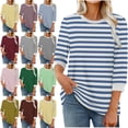 thumbnail image 1 of Womens Stripe Print Color 3/4 Sleeve Round Neck Pullover Fashion Blouses Top Casual Crew Neck Loose Shirt Tops Blouses for Women, 1 of 6