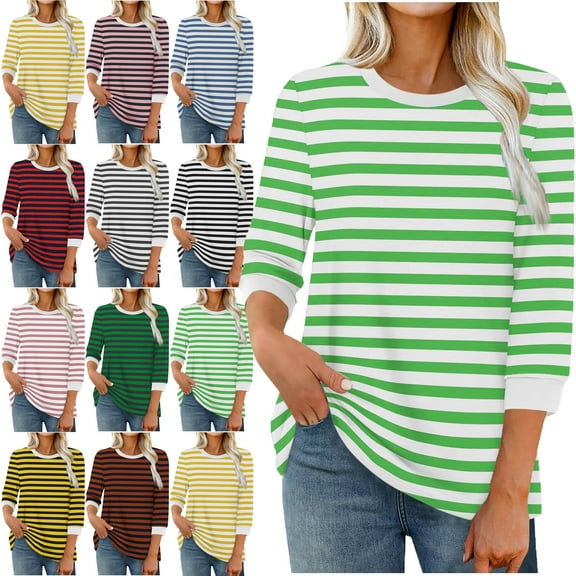 Womens Stripe Print Color 3/4 Sleeve Round Neck Pullover Fashion Blouses Top Casual Crew Neck Loose Shirt Tops Blouses for Women