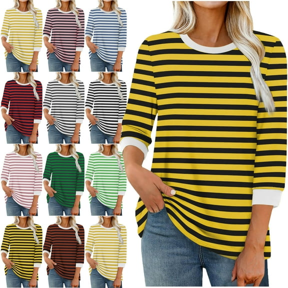 Womens Stripe Print Color 3/4 Sleeve Round Neck Pullover Fashion Blouses Top Casual Crew Neck Loose Shirt Tops Blouses for Women