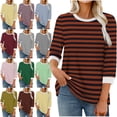 thumbnail image 1 of Womens Stripe Print Color 3/4 Sleeve Round Neck Pullover Fashion Blouses Top Casual Crew Neck Loose Shirt Tops Blouses for Women, 1 of 6