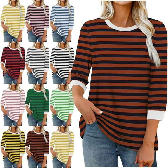 Womens Stripe Print Color 3/4 Sleeve Round Neck Pullover Fashion Blouses Top Casual Crew Neck Loose Shirt Tops Blouses for Women