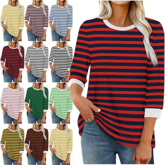 Womens Stripe Print Color 3/4 Sleeve Round Neck Pullover Fashion Blouses Top Casual Crew Neck Loose Shirt Tops Blouses for Women