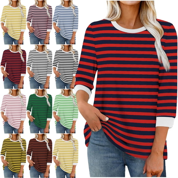 Womens Stripe Print Color 3/4 Sleeve Round Neck Pullover Fashion Blouses Top Casual Crew Neck Loose Shirt Tops Blouses for Women