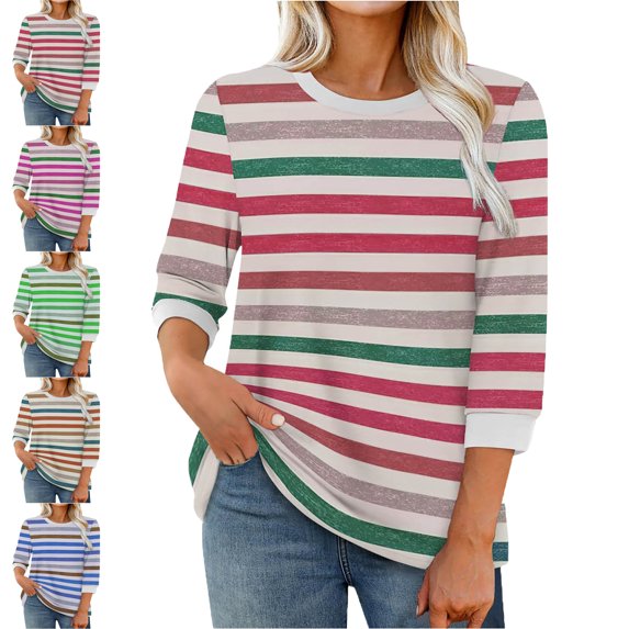 Womens Stripe Print Color 3/4 Sleeve Round Neck Pullover Fashion Blouses Top Casual Crew Neck Loose Shirt Tops Blouses for Women