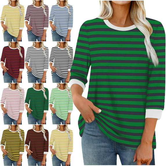 Womens Stripe Print Color 3/4 Sleeve Round Neck Pullover Fashion Blouses Top Casual Crew Neck Loose Shirt Tops Blouses for Women
