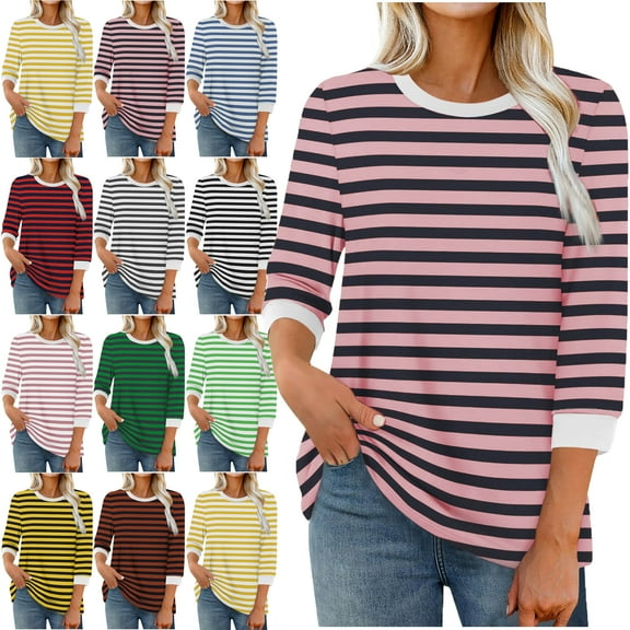 Womens Stripe Print Color 3/4 Sleeve Round Neck Pullover Fashion Blouses Top Casual Crew Neck Loose Shirt Tops Blouses for Women