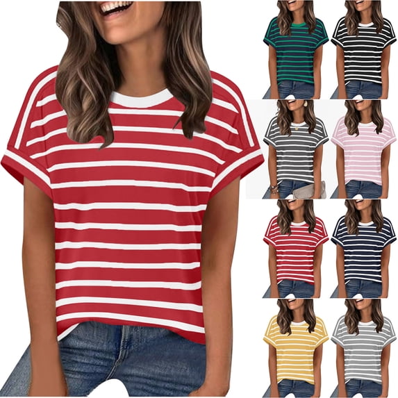 Womens Stripe Tops Short Sleeve Shirts Crew Neck Summer Spring Dressy Casual Clothes Clothing Yellow