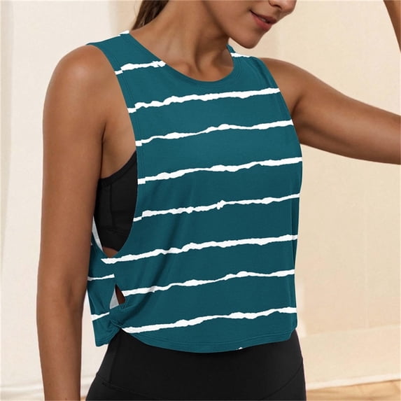 Womens Stripe Workout Tank Tops, Side Slit Loose Fitting Athletic Sleeveless Yoga Tank Blouse Sports Casual Sky Blue M