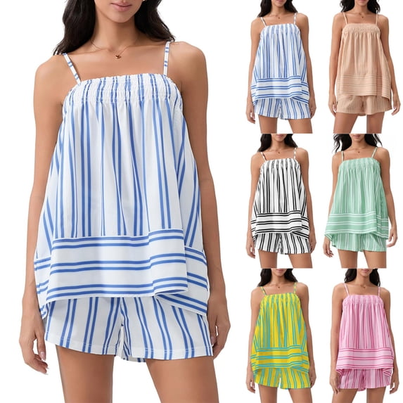 Womens Striped 2 Piece Lounge Sets Sleeveless Striped Pjs Set Cami Top and Shorts Pajama Set Outfits