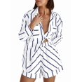 thumbnail image 1 of Womens Striped 2 Piece Outfits Button Down Shirts and Shorts Lounge Matching Sets Dark Blue 4XL, 1 of 4