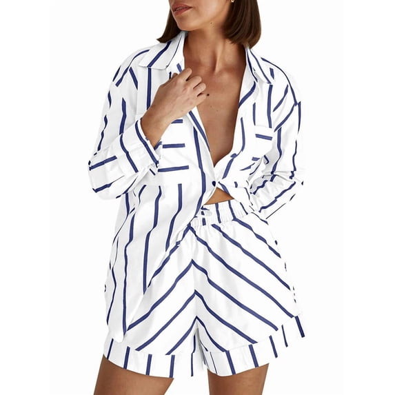 Womens Striped 2 Piece Outfits Button Down Shirts and Shorts Lounge Matching Sets Dark Blue 4XL