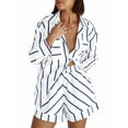 thumbnail image 1 of Womens Striped 2 Piece Outfits Button Down Shirts and Shorts Lounge Matching Sets Dark Blue L, 1 of 4