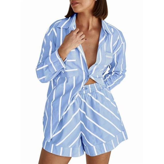 Womens Striped 2 Piece Outfits Button Down Shirts and Shorts Lounge Matching Sets Light Blue L