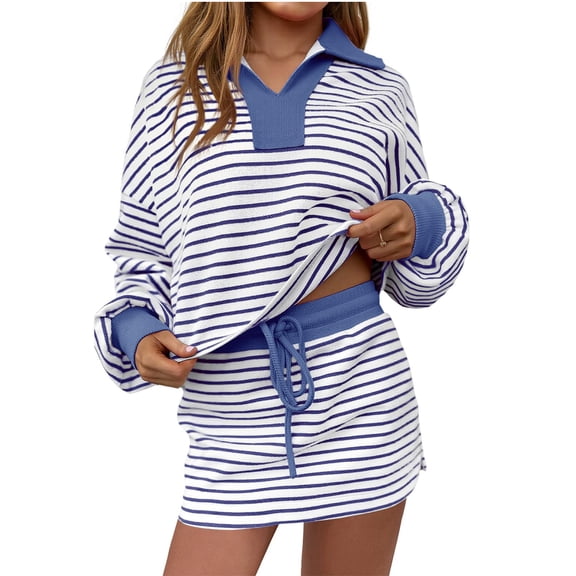 Womens Striped 2 Piece Outfits Casual Sweatshirt Skirt Set - Long Sleeve Skort Workout Set for Sports and Holiday Events,Navy,L