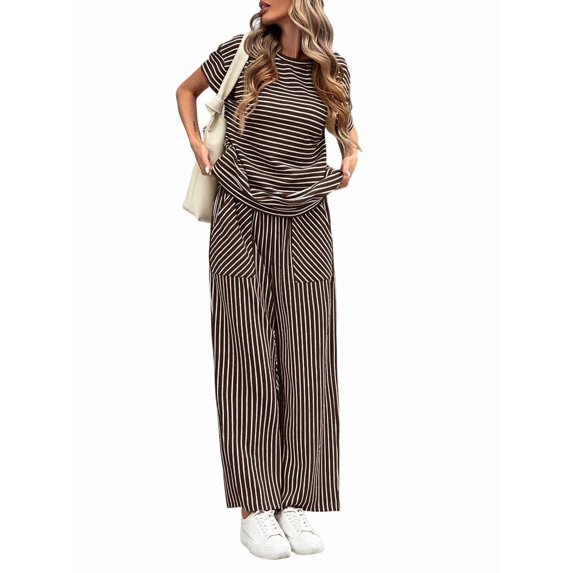 Womens Striped 2 Piece Set Short Sleeve T Shirts Wide Leg Pants Matching Lounge Sets with Pockets Brown M