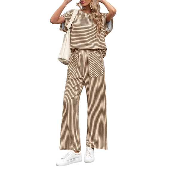 Womens Striped 2 Piece Set Short Sleeve T Shirts Wide Leg Pants Matching Lounge Sets with Pockets Dark Brown S