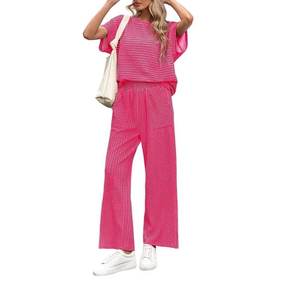 Womens Striped 2 Piece Set Short Sleeve T Shirts Wide Leg Pants Matching Lounge Sets with Pockets Glitter M