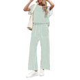 thumbnail image 1 of Womens Striped 2 Piece Set Short Sleeve T Shirts Wide Leg Pants Matching Lounge Sets with Pockets Light Green XL, 1 of 8