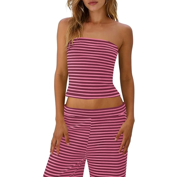 Womens Striped 2 Piece Sets Casual Summer Outfits Crop Tube Tops Wide Leg Pants Lounge Set Beach Vacation Travel Red, M