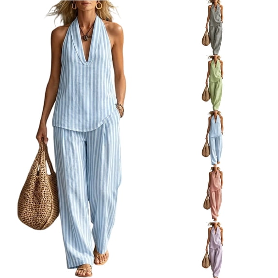 Womens Striped 2 Piece Sets Fashion Sleeveless V Neck Halter Top Matching Baggy Wide Leg Pants Set Summer Casual Outfits,Light Blue XL
