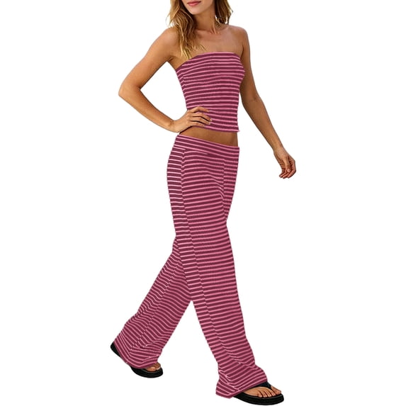 Womens Striped 2 Piece Sets Summer Strapless Crop Tube Tops Wide Leg Pants Matching Lounge Set Vacation Outfits (L, Red)