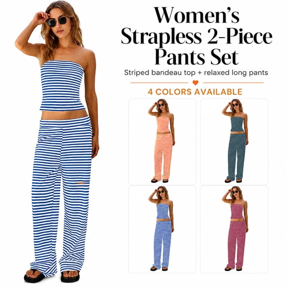Womens Striped 2 Piece Sets Summer Strapless Crop Tube Tops Wide Leg Pants Matching Loungewear Set Vacation Outs