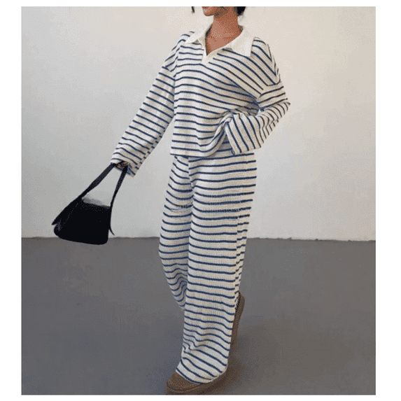 Womens Striped 2 Piece Sets V Neck Long Sleeve Pullover Tops High Waist Wide Leg Pants Casual Knit Sets Loungewear
