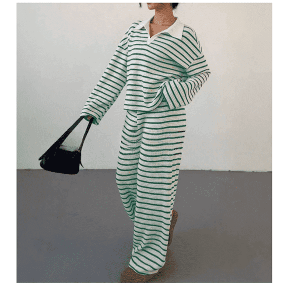 Womens Striped 2 Piece Sets V Neck Long Sleeve Pullover Tops High Waist Wide Leg Pants Casual Knit Sets Loungewear