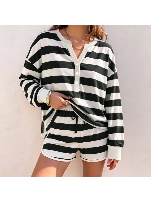 Womens Striped 2 Piece Short Sets Outfit Long Sleeve Henley Neck Pullover Shirt & Drawstring High Waisted Shorts With Pockets, M