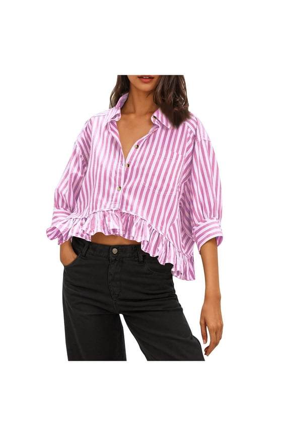 Womens Striped 3/4 Sleeve Blouse Button Down Shirt Cute Peplum Crop Top Loose V-Neck Ruffled Hem Shirts with Pocket