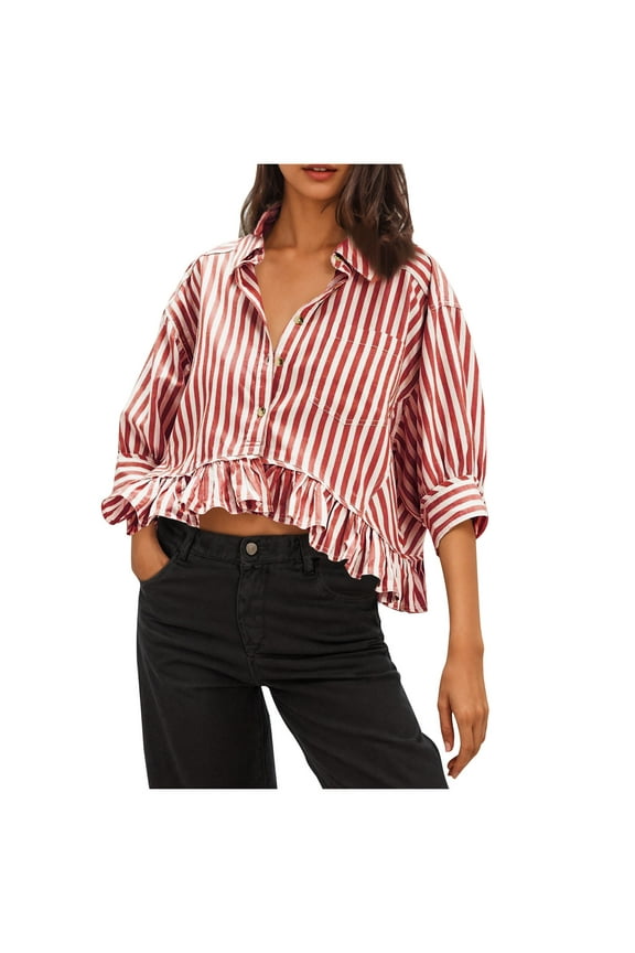 Womens Striped 3/4 Sleeve Blouse Button Down Shirt Cute Peplum Crop Top Loose V-Neck Ruffled Hem Shirts with Pocket