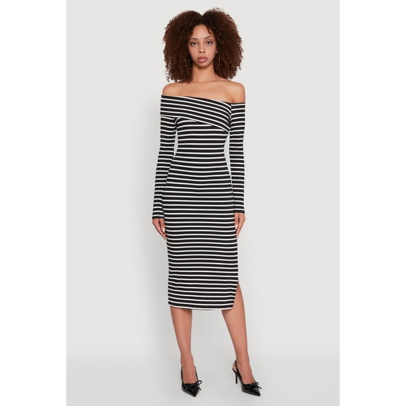 Womens Striped Asymmetrical Fold Over Off The Shoulder Side Slit Dress