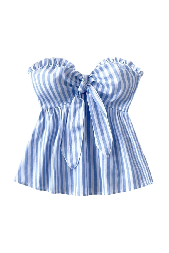 Womens Striped Bandeau Shirt Bow Knot Frill Trim Shirred Summer Y2k Tube Top Light Blue, Size XS