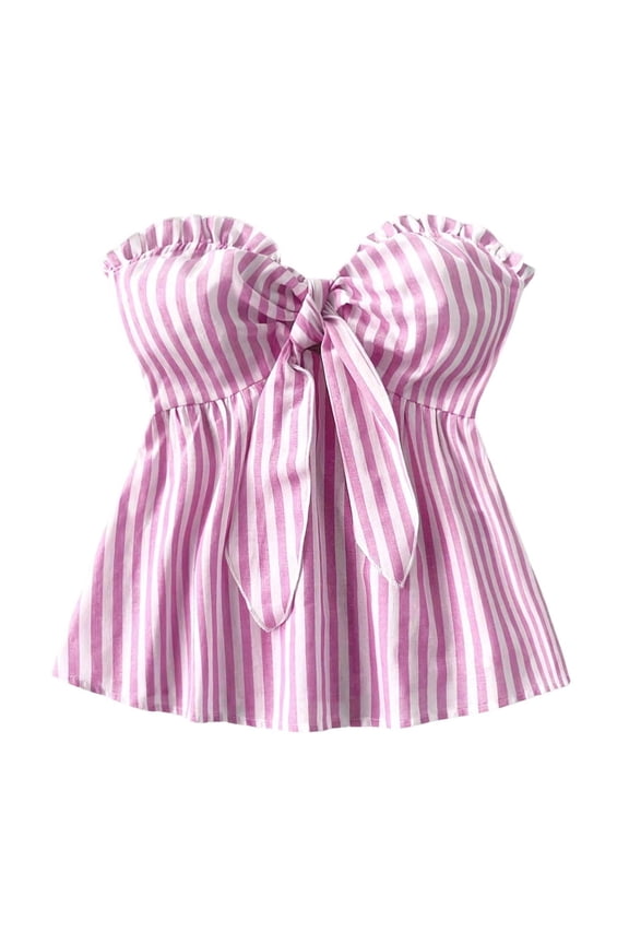 Womens Striped Bandeau Shirt Bow Knot Frill Trim Shirred Summer Y2k Tube Top Pink, Size XXL