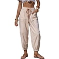 thumbnail image 1 of Womens Striped Barrel Pants Comfy Drawstring Ankle Pant Summer Beach Vacation Lounge Trousers with Pockets Beige S, 1 of 4