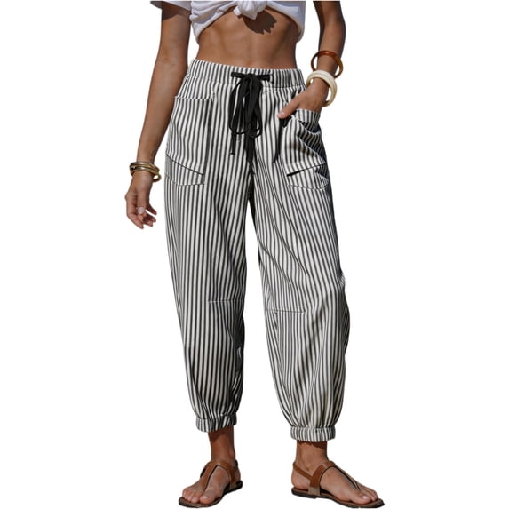 Womens Striped Barrel Pants Comfy Drawstring Ankle Pant Summer Beach Vacation Lounge Trousers with Pockets Black XL