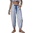 thumbnail image 1 of Womens Striped Barrel Pants Comfy Drawstring Ankle Pant Summer Beach Vacation Lounge Trousers with Pockets Blue XL, 1 of 6