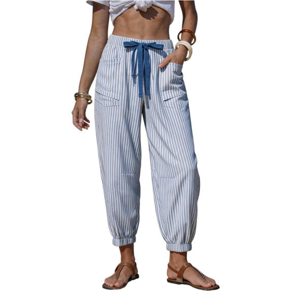 Womens Striped Barrel Pants Comfy Drawstring Ankle Pant Summer Beach Vacation Lounge Trousers with Pockets Blue XL