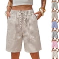 thumbnail image 1 of Womens Striped Bermuda Shorts Casual Cotton Linen Shorts Elastic Drawstring Summer Beach Vacation Shorts with Pockets, L, 1 of 8