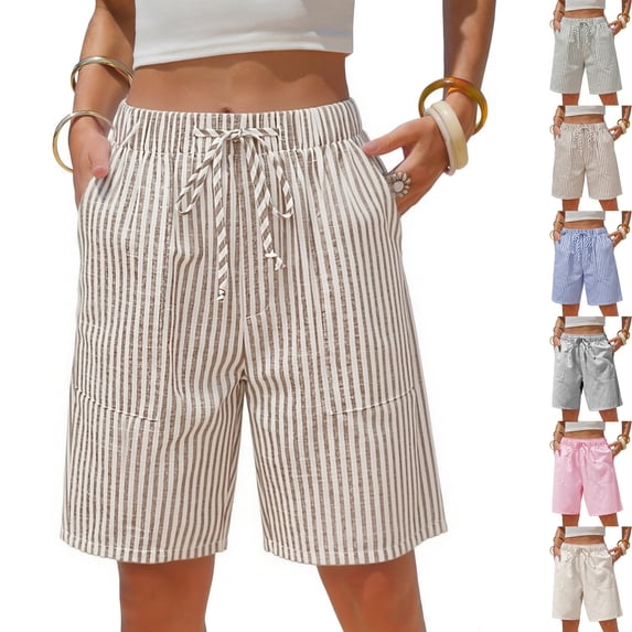 Womens Striped Bermuda Shorts Casual Cotton Linen Shorts Elastic Drawstring Summer Beach Vacation Shorts with Pockets, L
