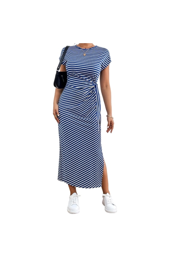 Womens Striped Bodycon Dress Round Neck Long Sleeve Side Slit Slim Fit Midi Dress Spring BU2
