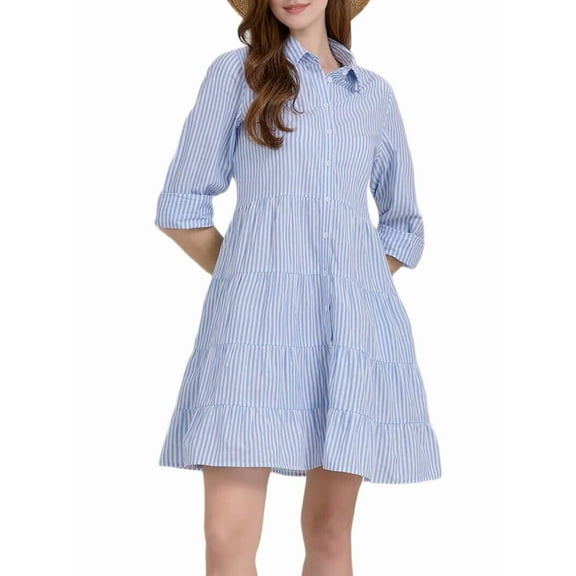Womens Striped Button Down Midi Shirt Dress Casual Loose Cuffed Long Sleeve Mid Long Dresses Blue XXL